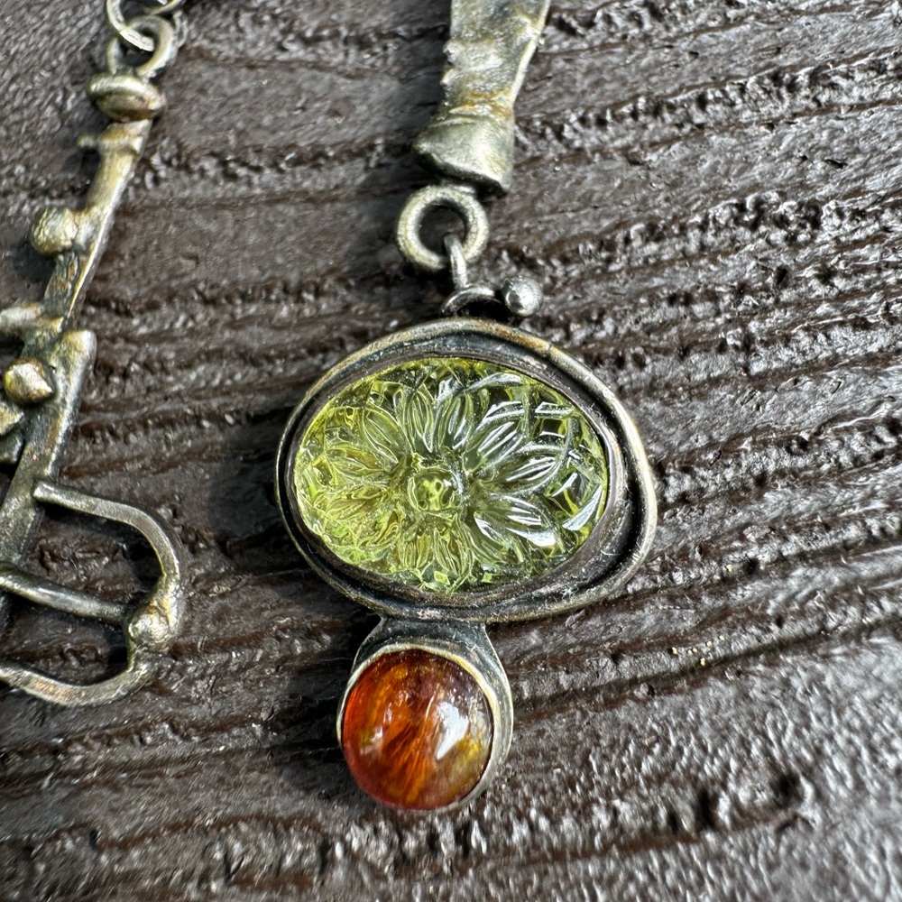 Unique Sterling Silver Earrings with carved Lemon Quartz and Tourmaline - Picture 2 of 8